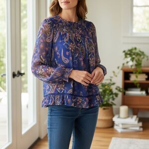 Sundance Indigo Blue Multi Paisley Diamond Smocked Peasant Top Sz XS Excellent!